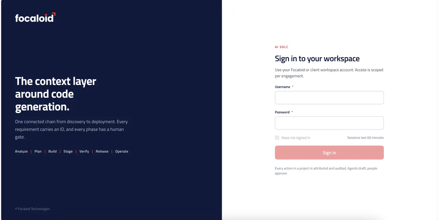 The sign-in screen of the AI SDLC platform, listing the seven phases