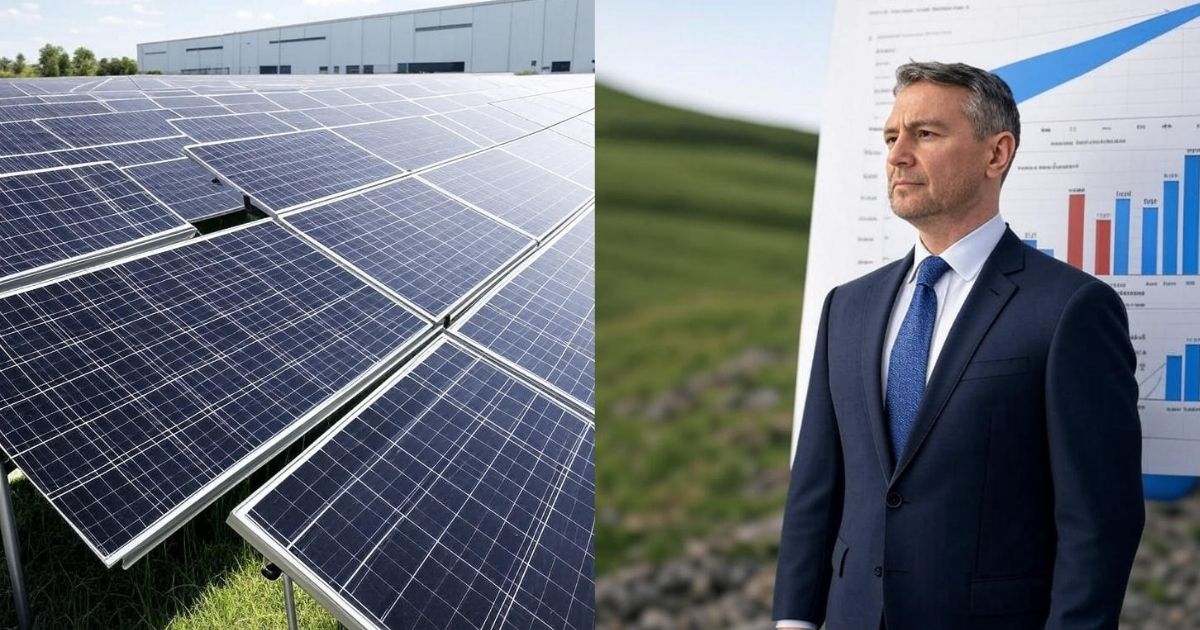 Close-up of solar panels installed outdoors near a building, alongside a businessman in a blue suit standing in front of charts with graphs.