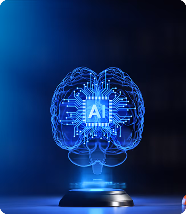 Blue holographic brain with circuitry and AI chip pattern hovering above a black base on a dark blue background.