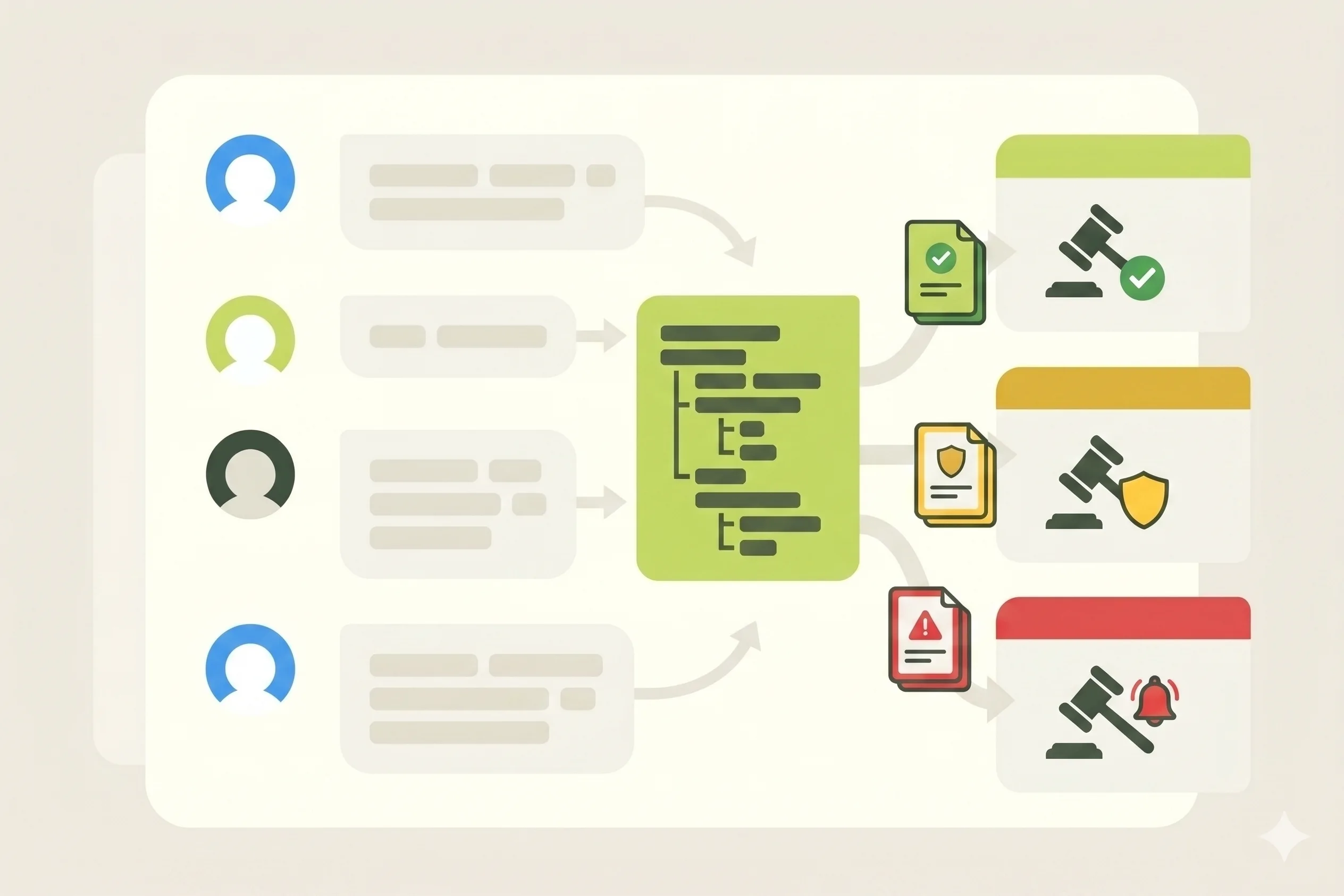 Flowchart showing user input leading to code analysis and resulting in legal document status categorized by green check, yellow shield, or red alert icons.
