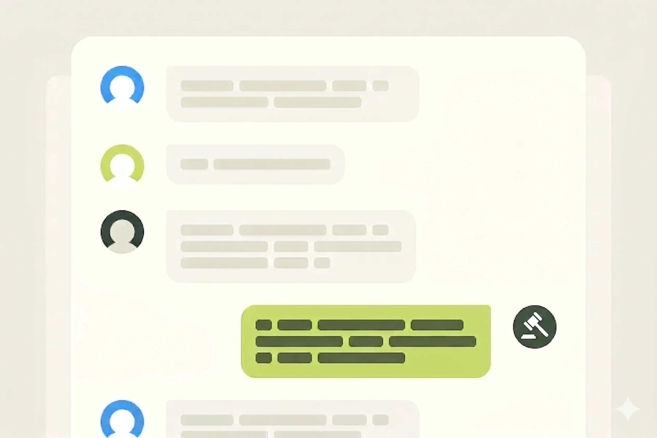 Chat interface showing multiple messages with user icons on the left, one message highlighted in green with a pin icon beside it.