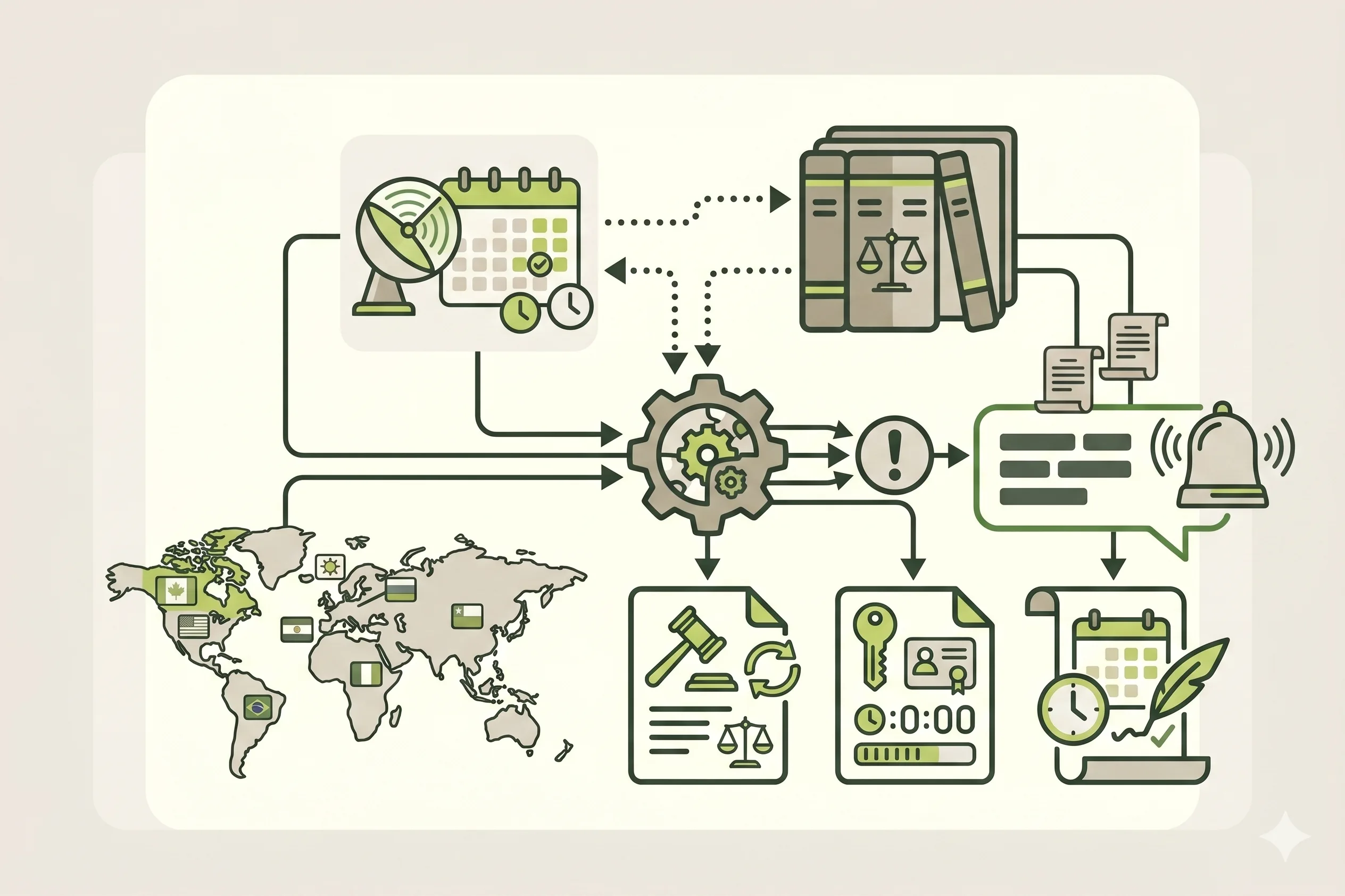 Flowchart depicting a legal process with global map, calendar, law books, gears, notifications, documents with legal symbols, and a signing scroll.