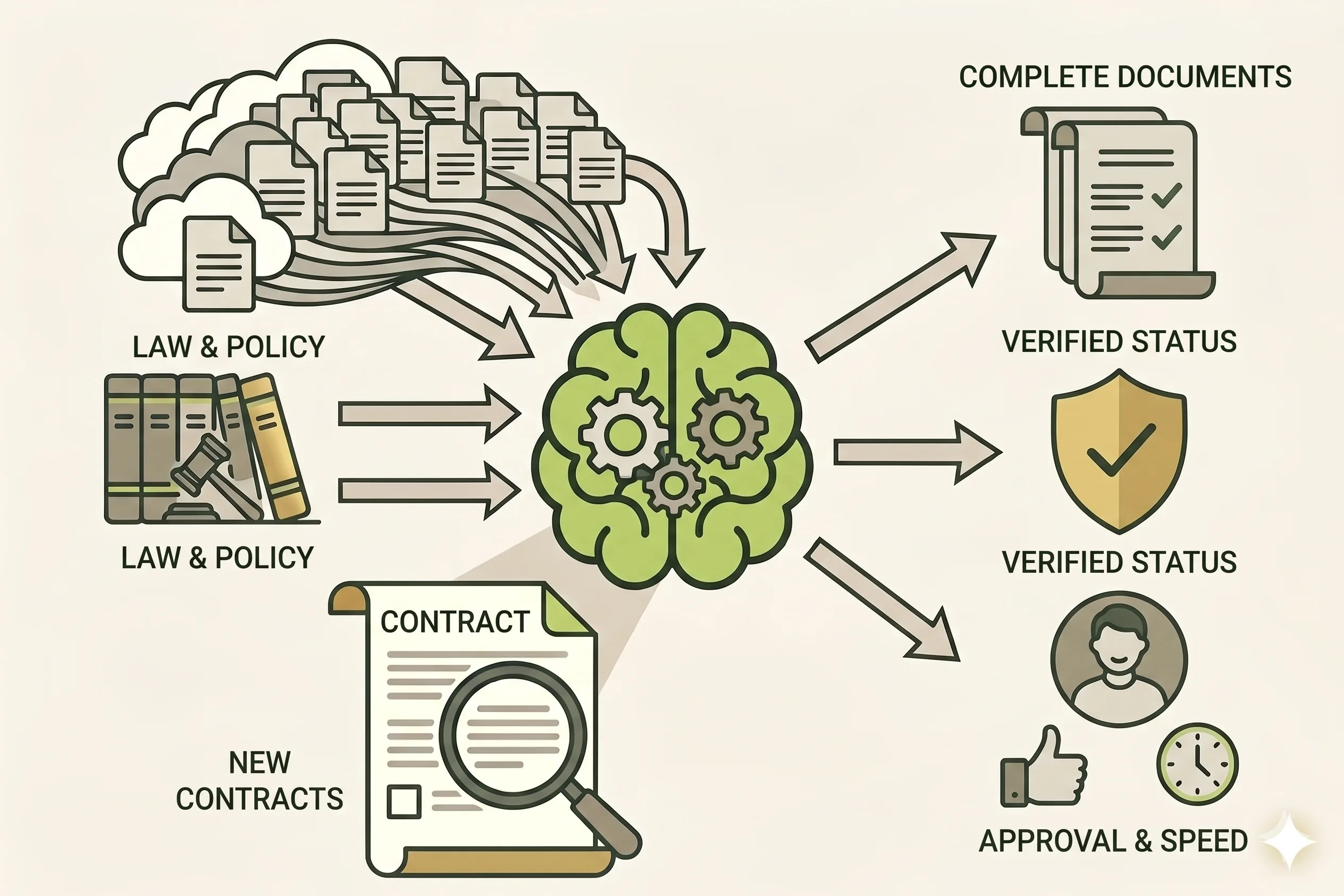 Diagram showing documents and policies entering a brain with gears, leading to outputs of complete documents, verified status, and approval and speed icons.