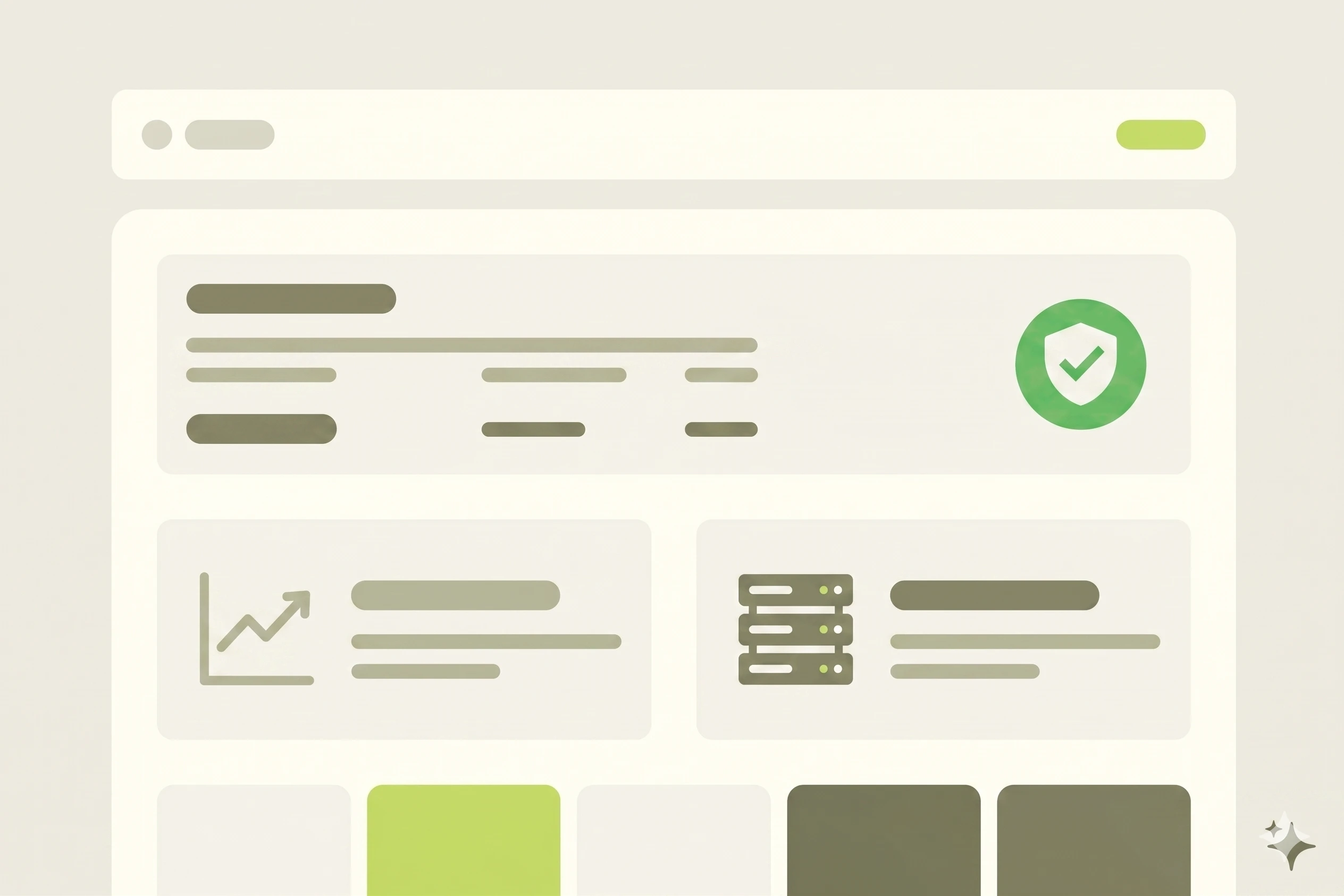 Illustration of a website dashboard with sections showing statistics, server data, and a green shield icon indicating security.