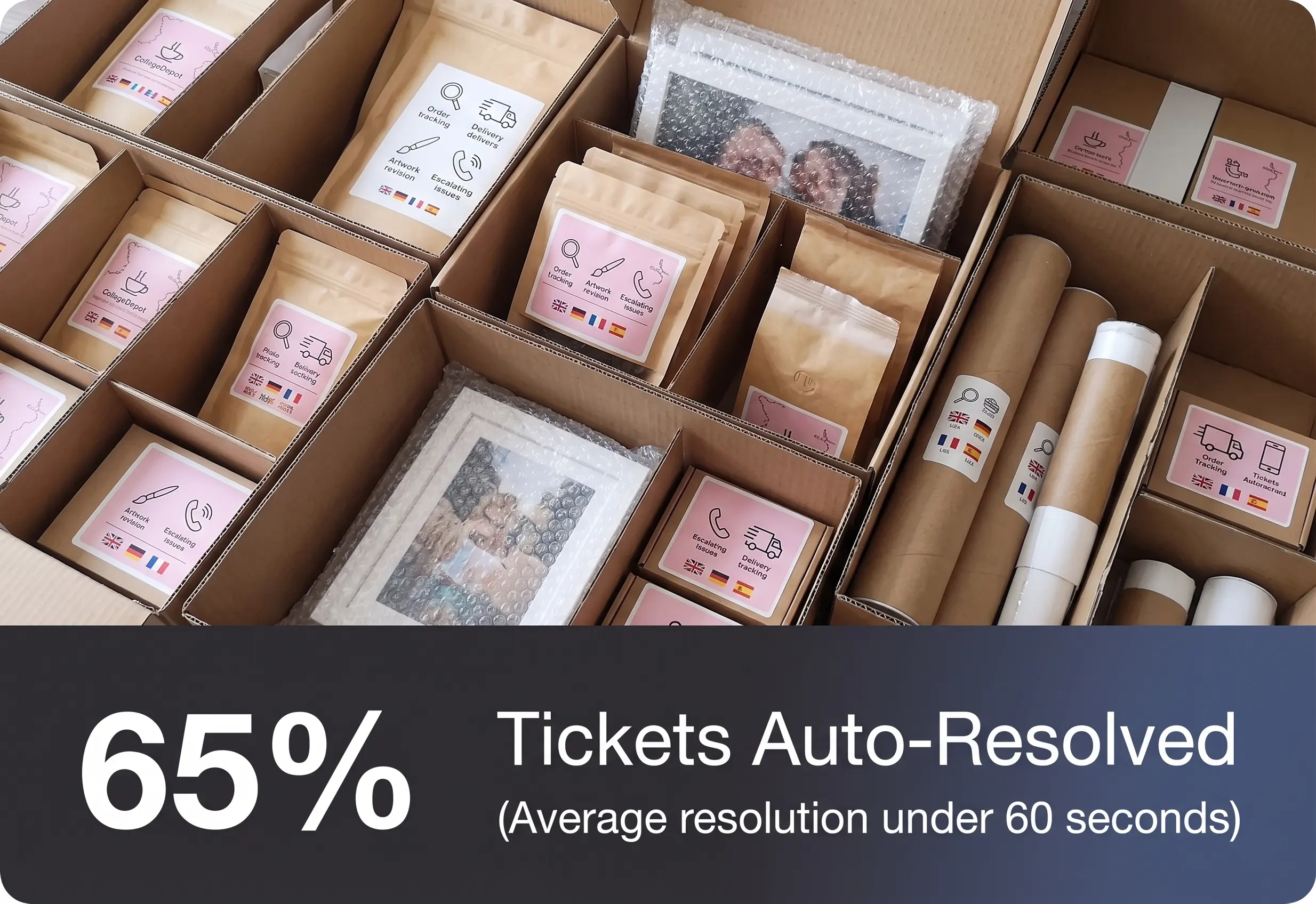 Several cardboard boxes with pink-labeled packages and photos wrapped in bubble wrap, below text stating '65% Tickets Auto-Resolved (Average resolution under 60 seconds)'.
