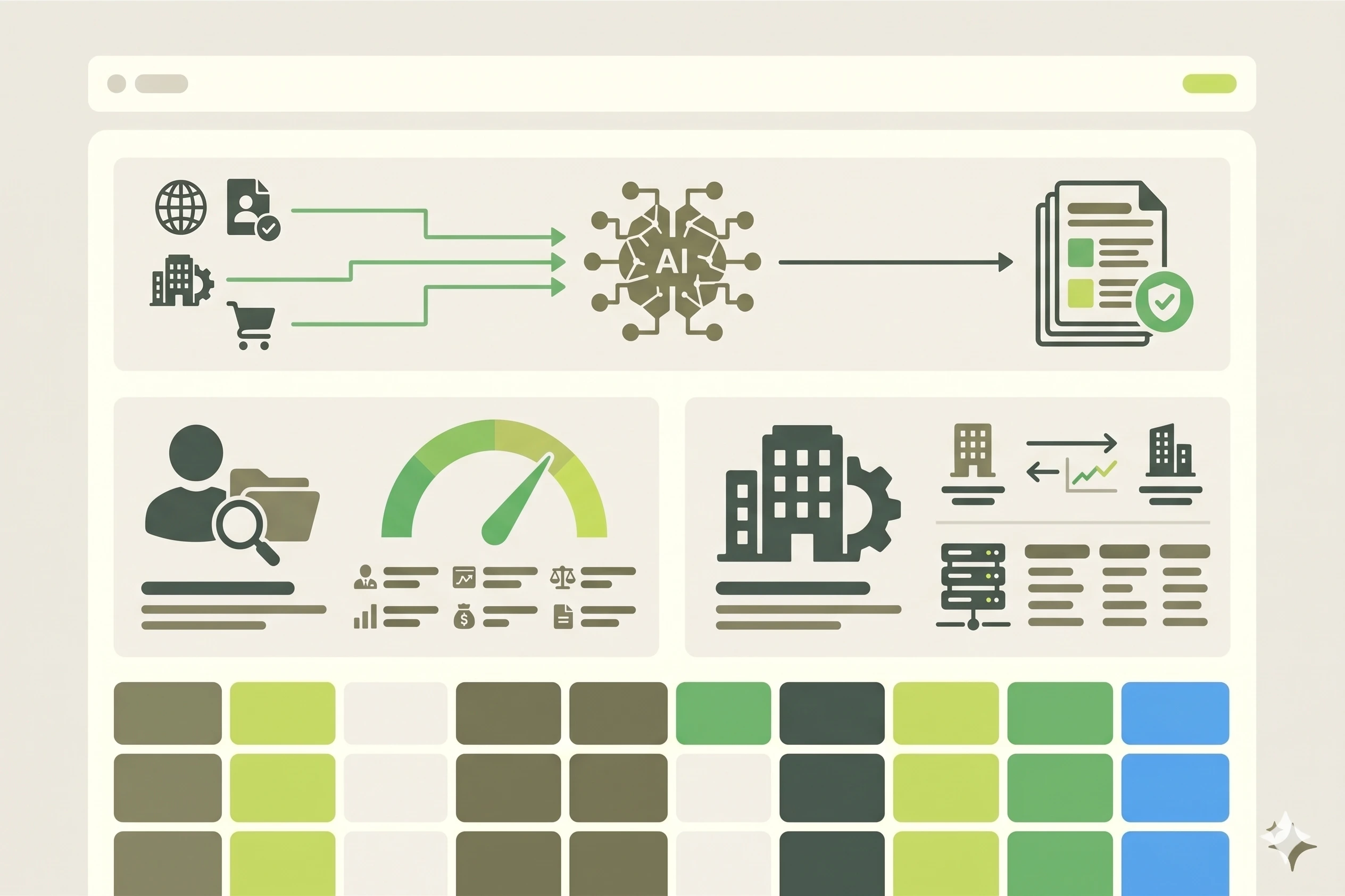 Diagram showing data from web, corporate, and shopping sources processed by AI to generate verified reports, with user profile analysis, speed gauge, and corporate data exchange icons above a colorful data grid.