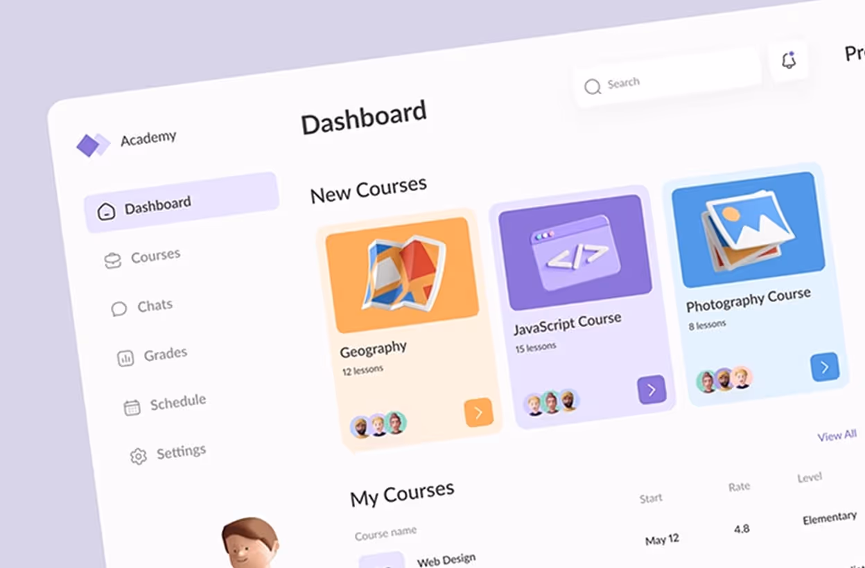 Online learning dashboard showing new courses in Geography, JavaScript, and Photography with lesson counts and user avatars.
