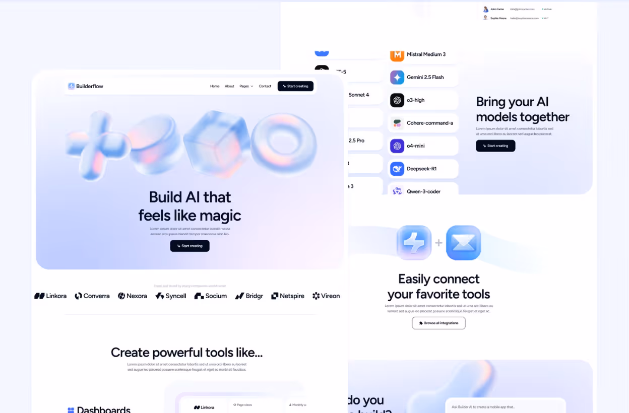 Website homepage with text 'Build AI that feels like magic' displaying 3D geometric shapes and sections about AI model integration and tool connections.