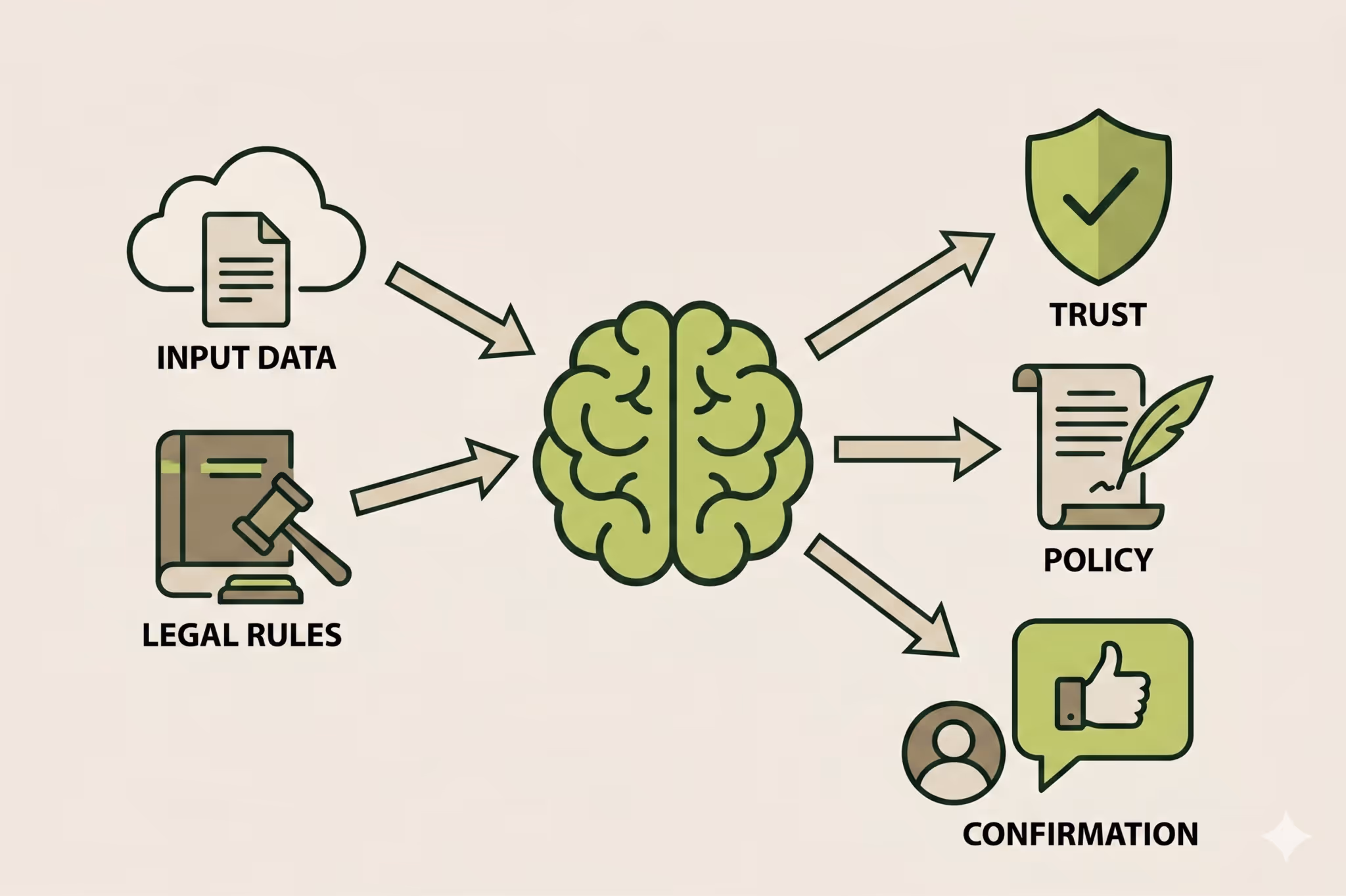 Diagram showing a central brain icon receiving input data from a cloud and legal rules from a book with a gavel, producing outcomes of trust with a shield checkmark, policy with a signed scroll, and confirmation with a thumbs-up speech bubble.
