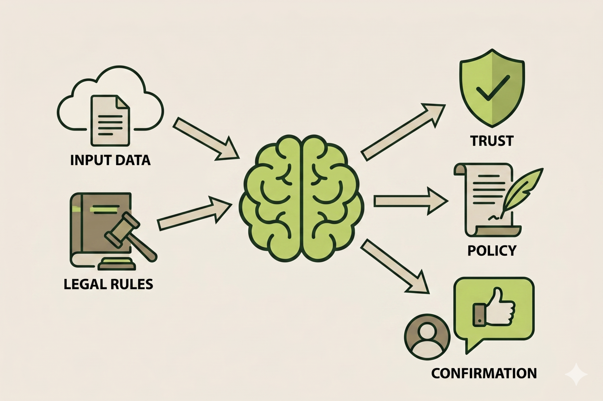 Diagram showing a brain in the center with arrows from input data and legal rules leading to it, and arrows from the brain pointing to trust, policy, and confirmation icons.