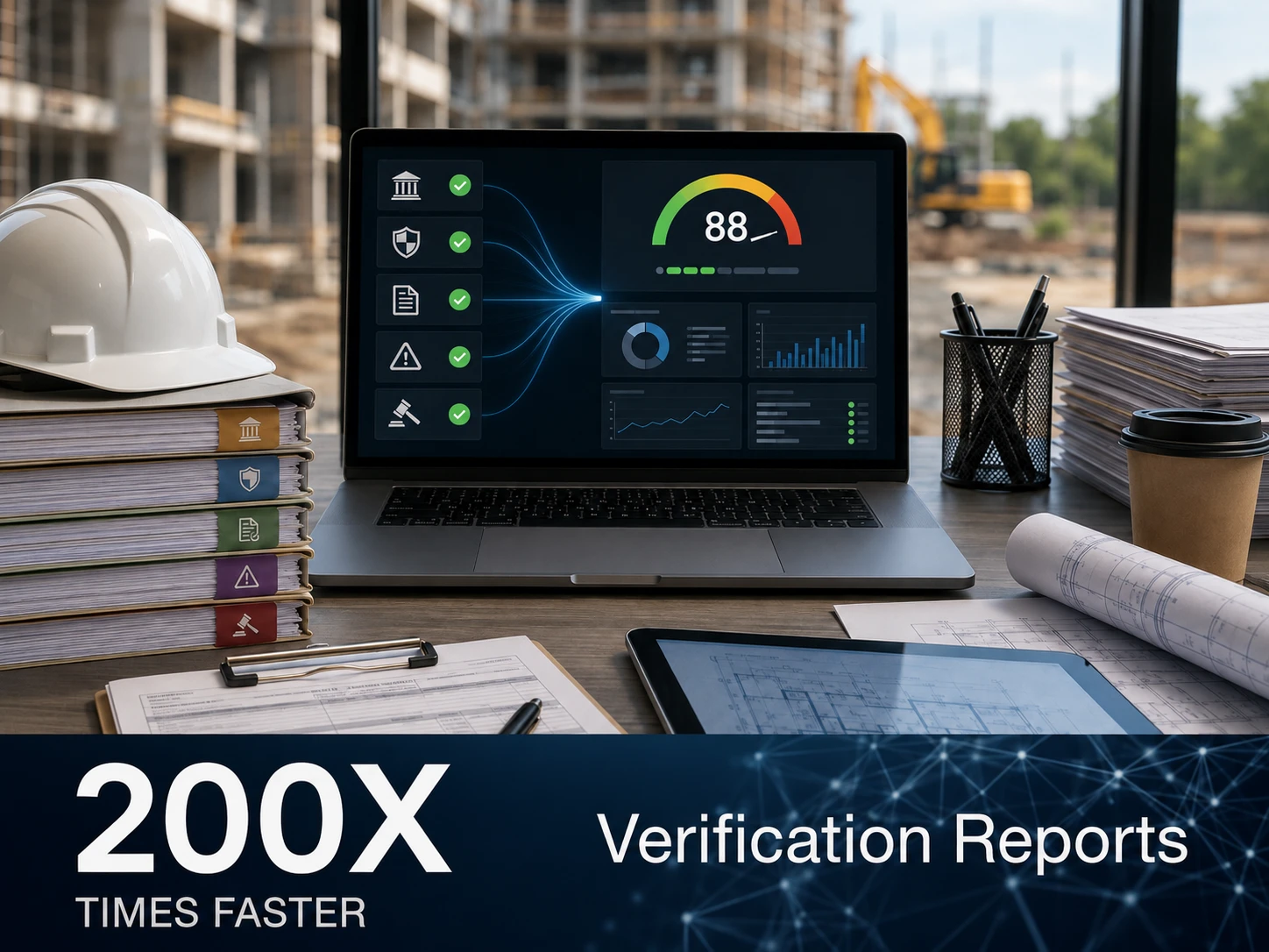Digital processing of numerous documents into consolidated AI-generated verification reports with an 88 AI risk score, illustrating 8000x faster verification by Nodeforge.