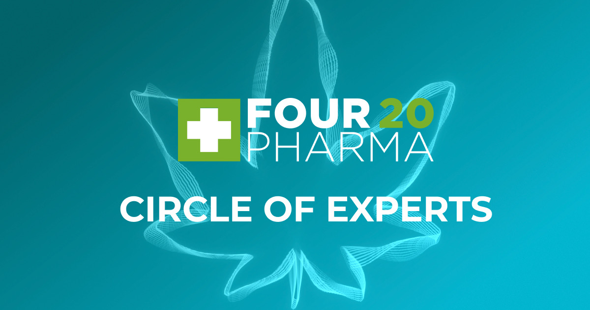 Logo von Four 20 Pharma mit dem Text Circle of Experts vor einem stilisierten Cannabisblatt.
