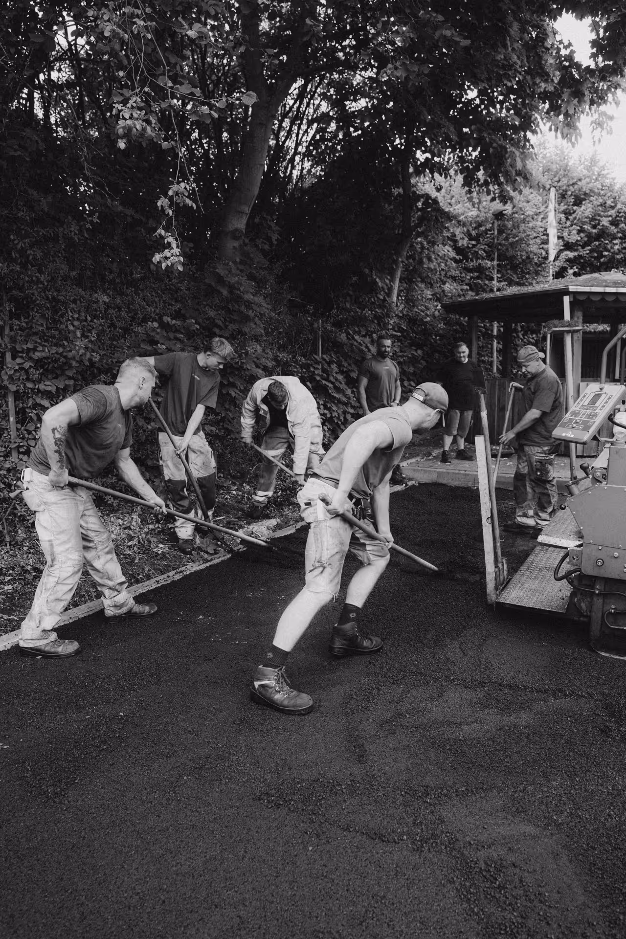 Sechs Männer verteilen und glätten frischen Asphalt auf einem Weg in einem bewaldeten Gebiet.
