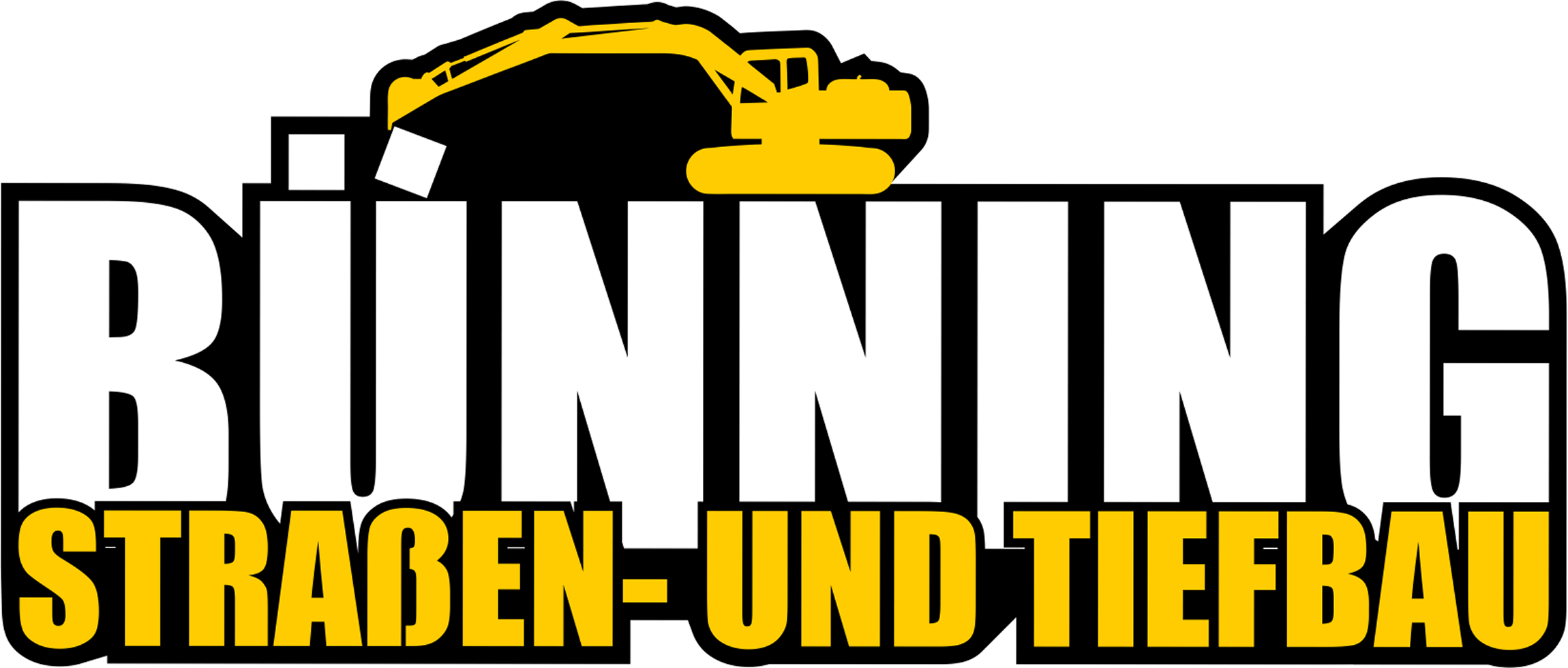 Logo mit gelbem Bagger, der auf dem Buchstaben Ü der Aufschrift BÜNNING steht, darunter der Text Straßen- und Tiefbau in gelber Schrift.