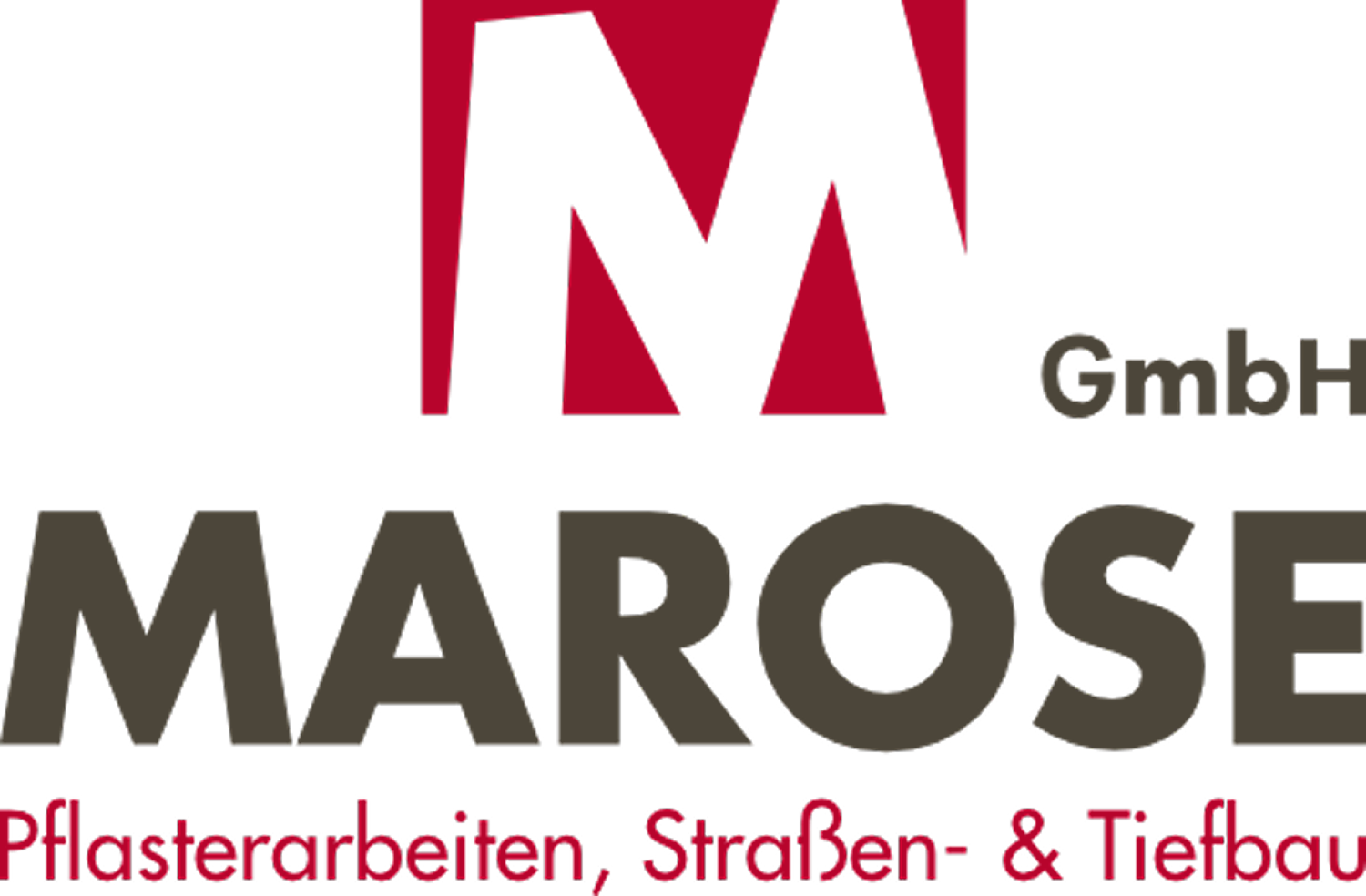 Logo der Firma Marose GmbH mit rotem M und dem Schriftzug Pflasterarbeiten, Straßen- & Tiefbau.