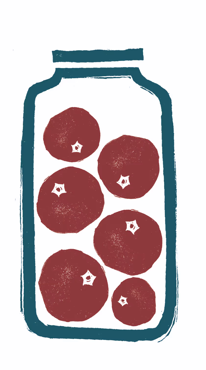 Illustration of a jar with six red tomatoes inside on a white background.