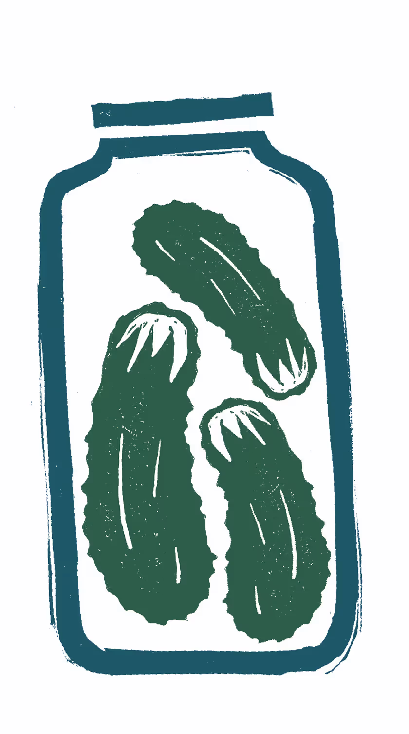 Illustration of a jar with three pickles inside on a white background.