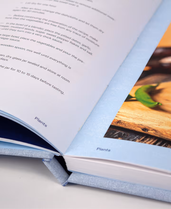 Open book showing a recipe page with text and a photo of green chili peppers on wood.