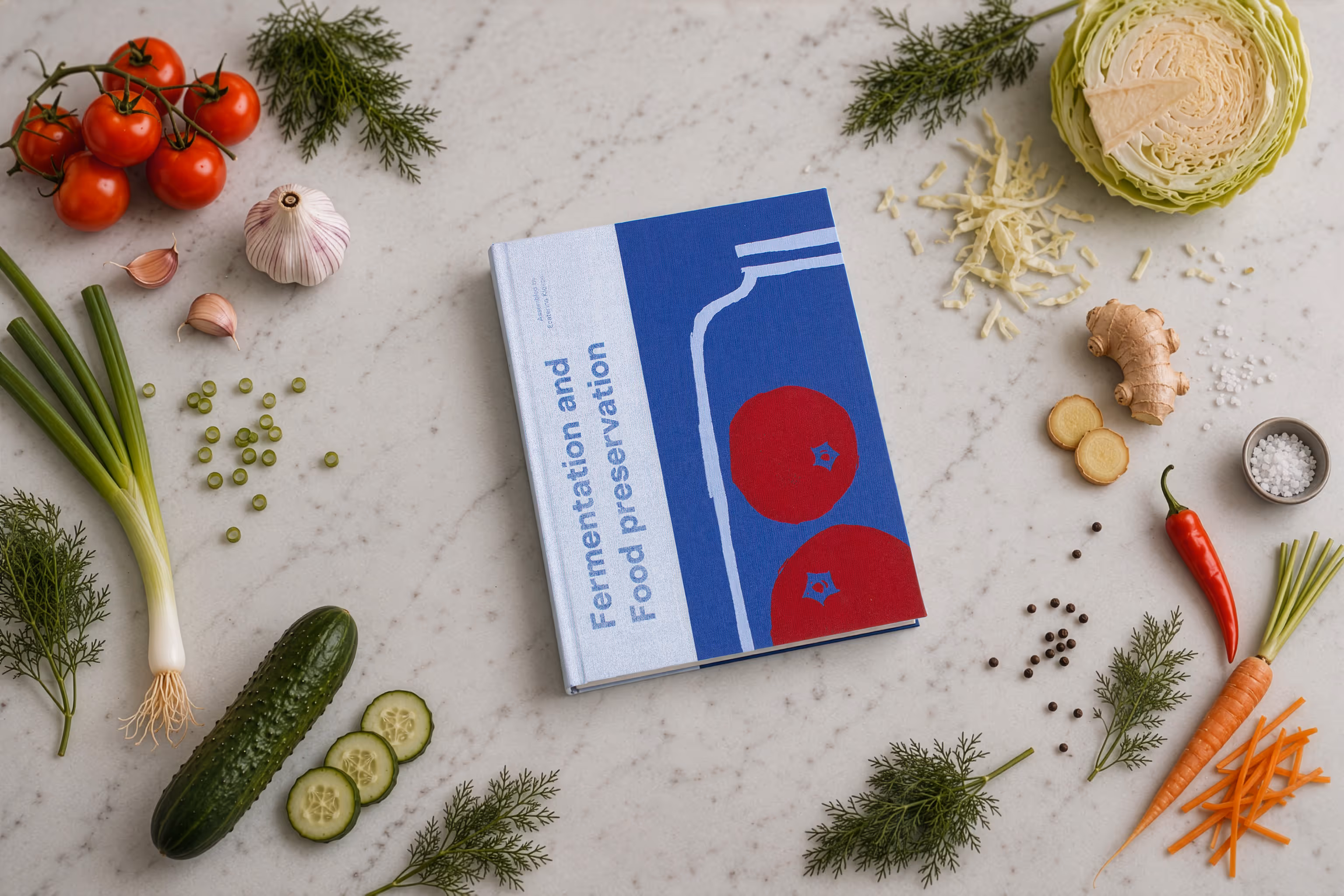 Book titled Fermentation and Food Preservation surrounded by fresh vegetables and herbs on marble surface.