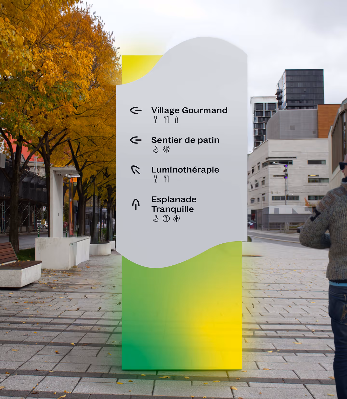 Outdoor directional sign listing Village Gourmand, Sentier de patin, Luminothérapie, and Esplanade Tranquille.