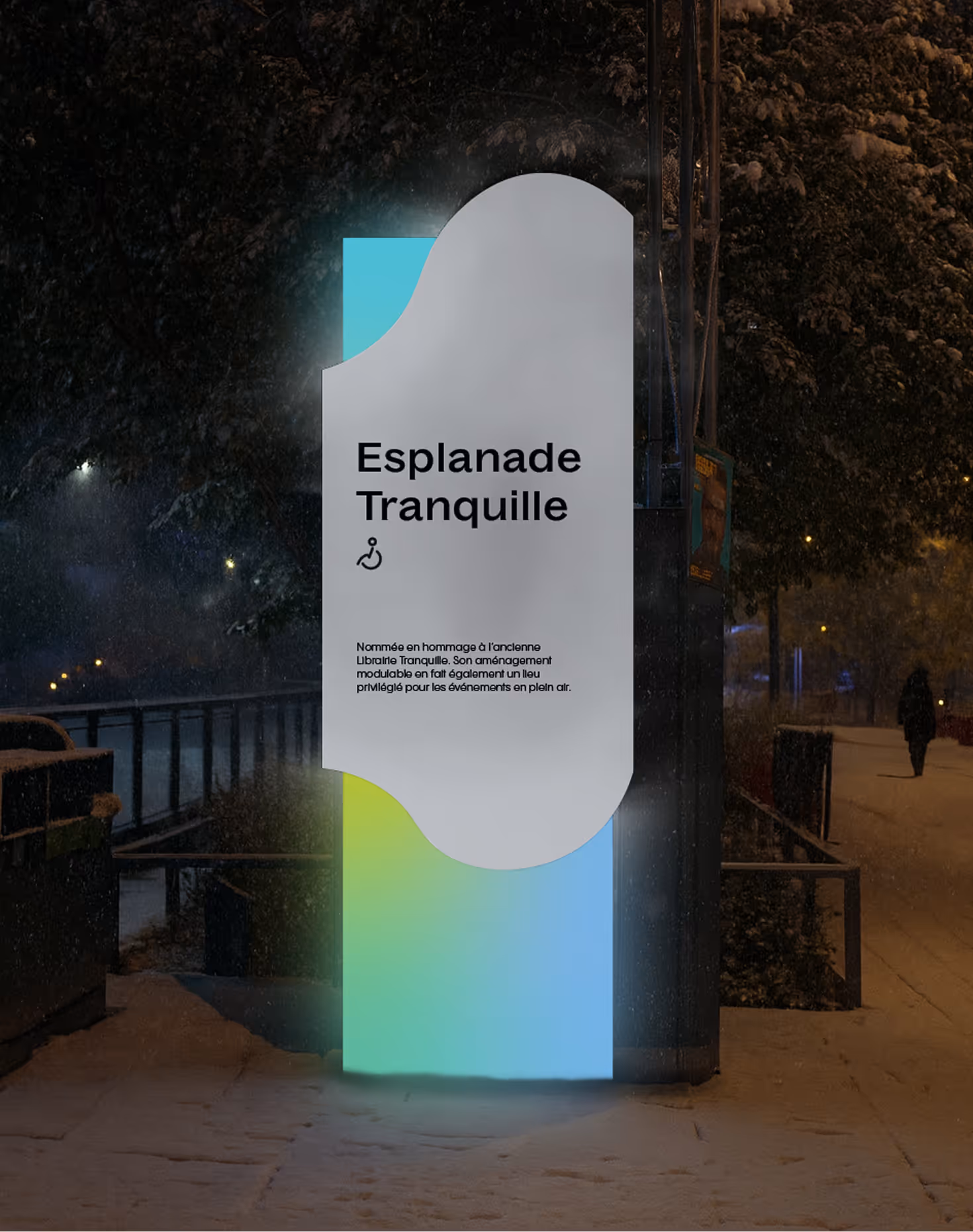 Night scene with a glowing sign reading Esplanade Tranquille on a snowy sidewalk with a person walking.