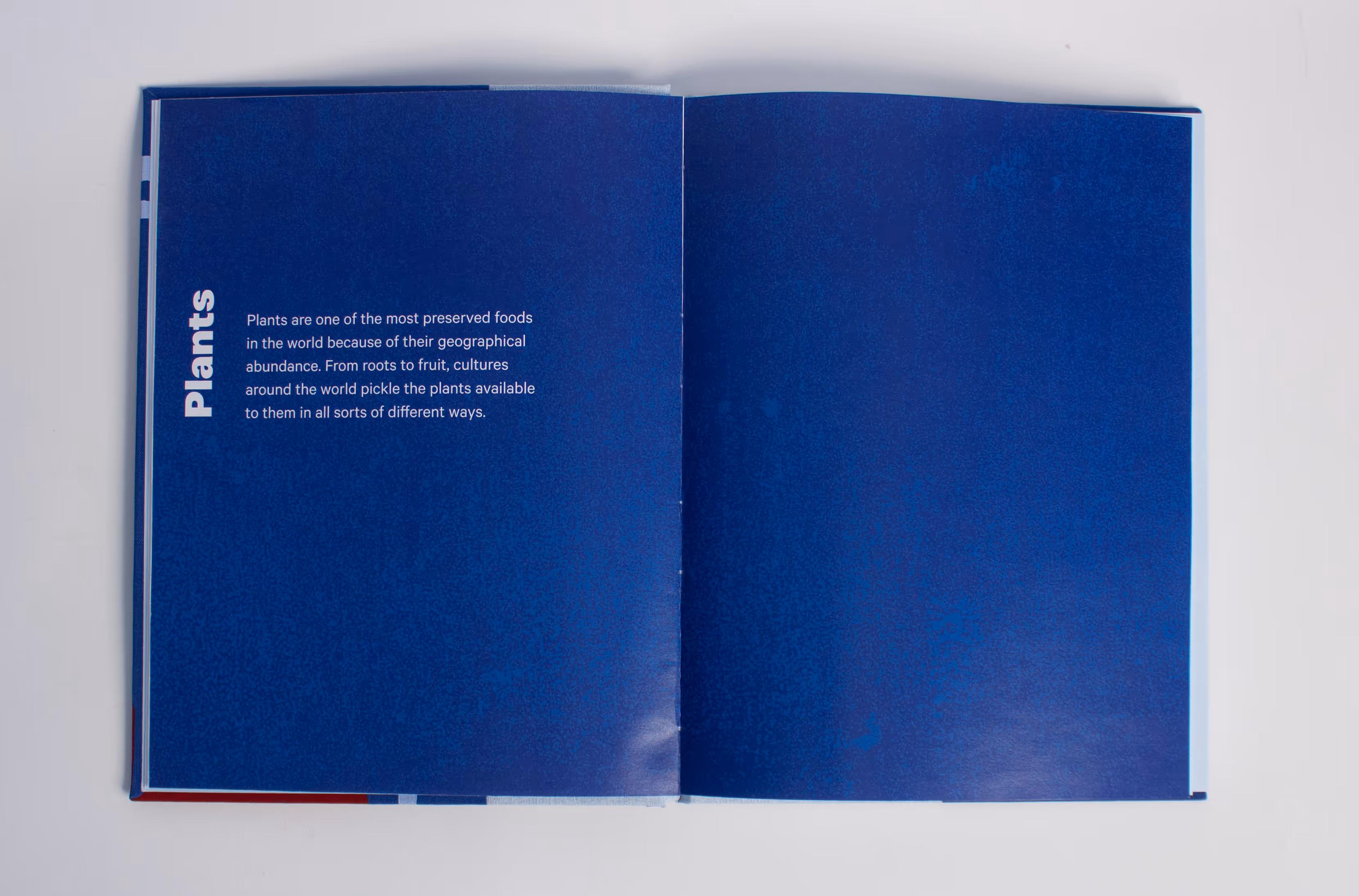 Open book with blue pages titled Plants, discussing preservation of plants worldwide.
