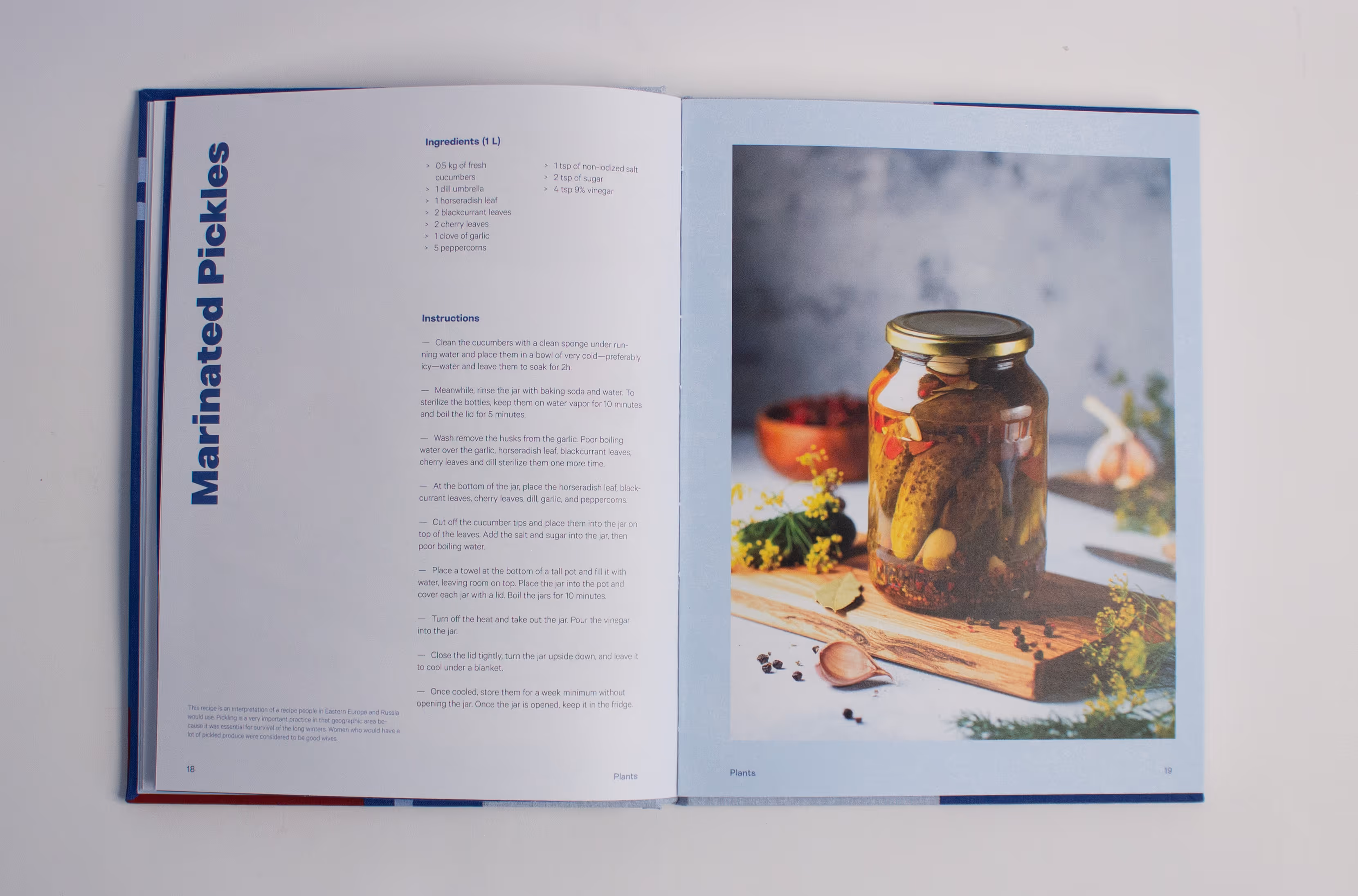 Open cookbook showing marinated pickles recipe and a photo of a jar of pickled cucumbers with spices.