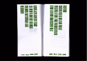 Two open pages of a book with green highlighted text blocks and some faint handwritten notes.