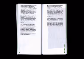 Open book showing two pages of dense black text blocks on white pages with page numbers and small green design.