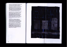 Open book with text on the left page and a black geometric square pattern on the right page.