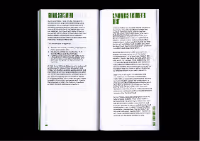 Open book showing two pages of dense text with green headings and bullet points on a white background.