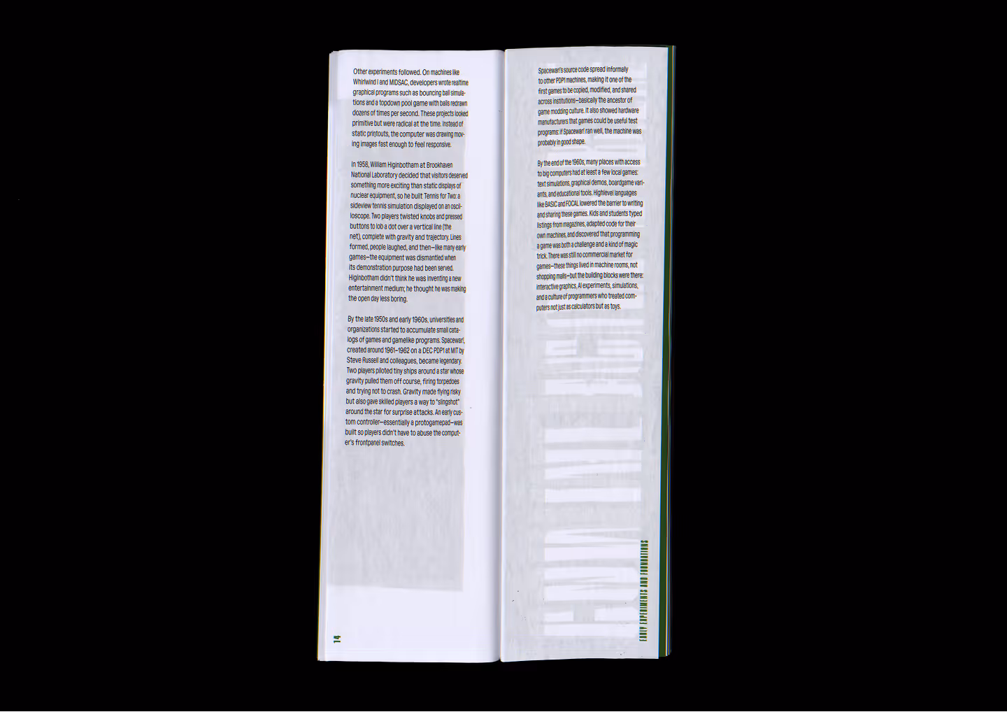 Open book showing two pages of text about early computer games and programming history.