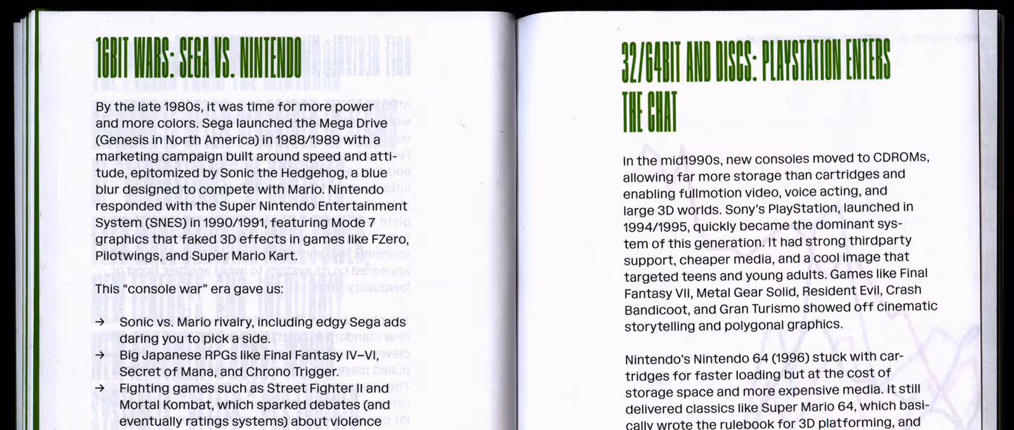 Book pages discussing 16-bit Sega vs. Nintendo wars and 32/64-bit PlayStation era with game examples.