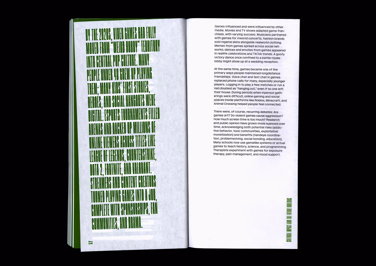Open book spread with green vertical text on left about gaming culture and black text on right about games' societal impact.