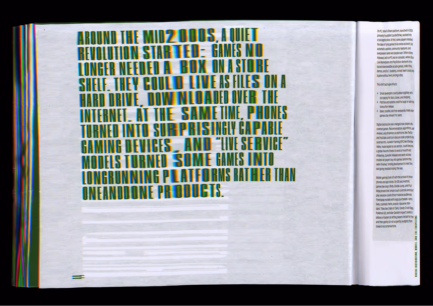 Text about mid-2000s gaming shift to digital downloads, mobile gaming, and live service models.