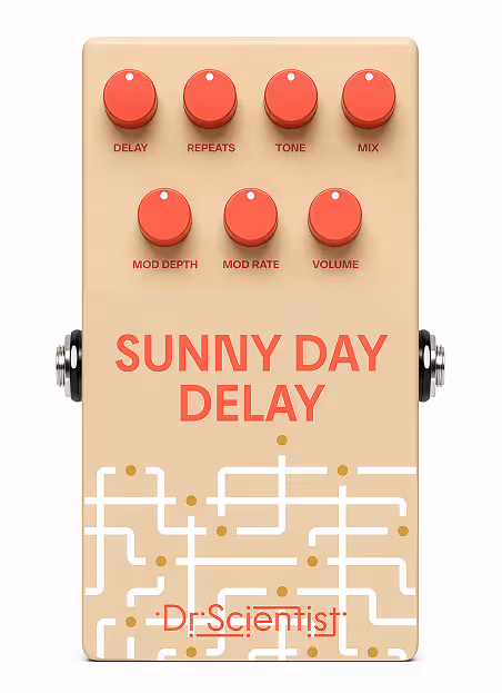 Cream-colored Sunny Day Delay guitar effects pedal with seven red control knobs and circuit pattern.