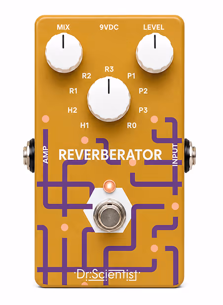 Dr. Scientist Reverbator guitar effect pedal with three white knobs labeled Mix, Level, and center knob with circuit design.