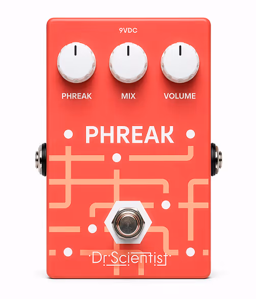 Red Dr. Scientist Phreak guitar effects pedal with three white knobs labeled Phreak, Mix, and Volume.