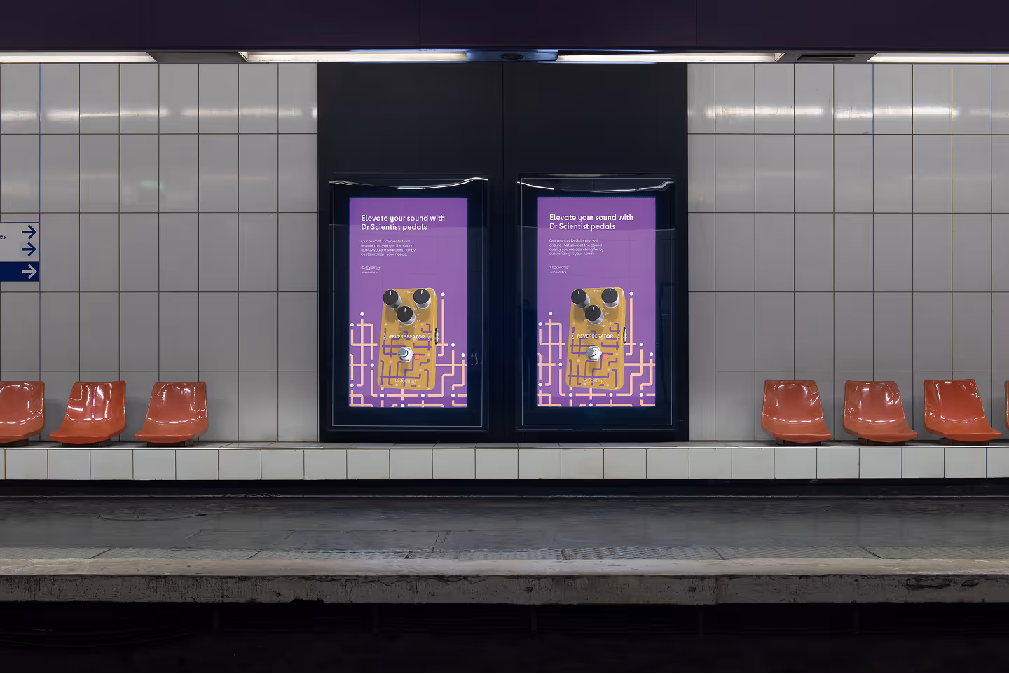 Subway platform with orange seats and two digital ad panels showing Dr Scientist sound pedal ads.