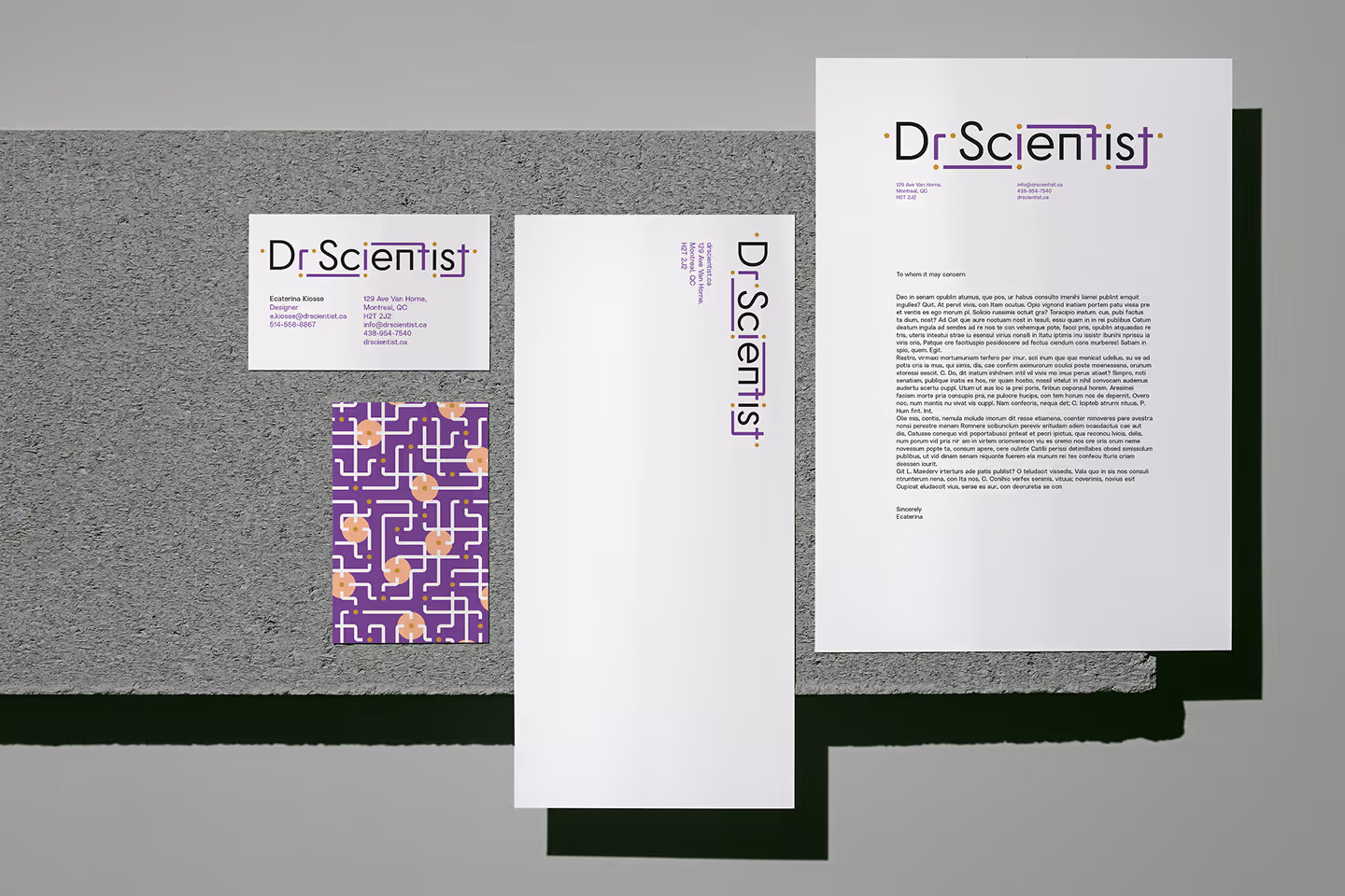 Dr Scientist branded stationery including business cards, envelope, and letterhead on a gray surface.