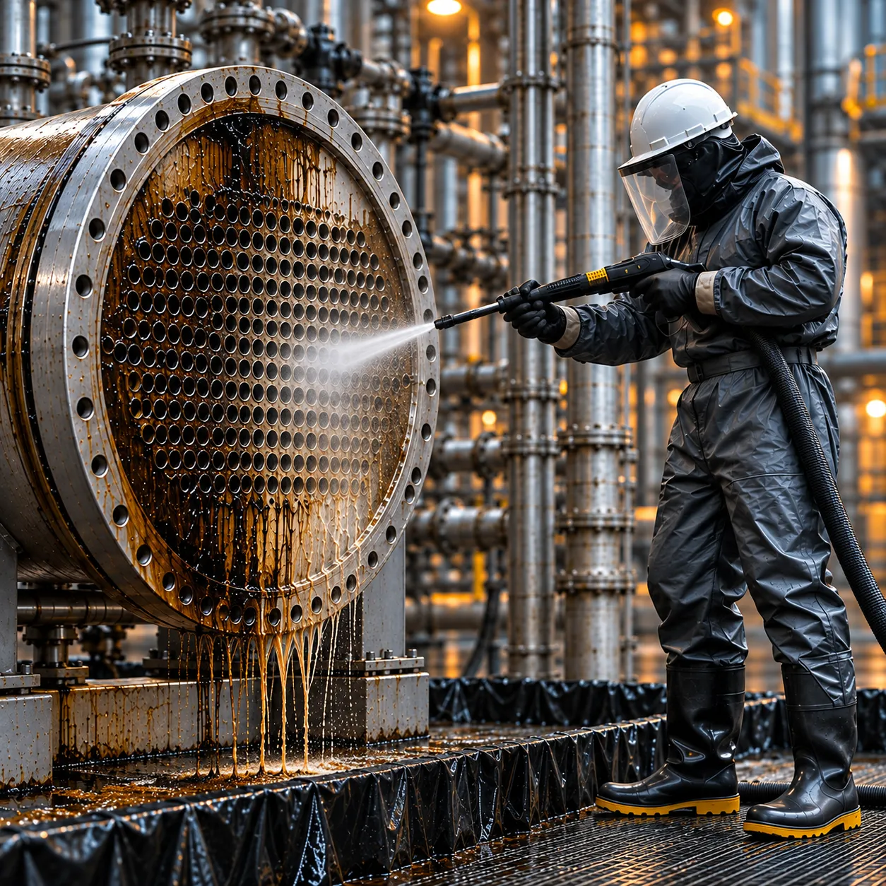 Worker in full protective gear, including helmet, face shield, gloves, and rubber boots, pressure washing a large industrial heat exchanger covered in grime inside a facility with metal piping.