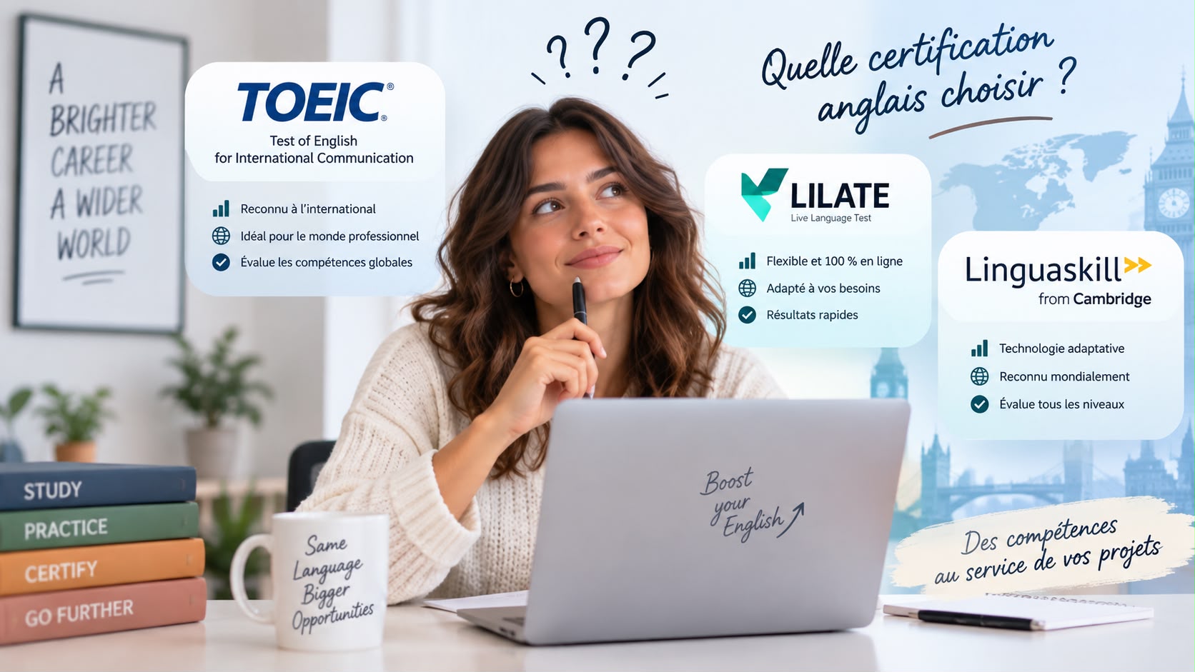 Comparatif visuel des certifications d'anglais LILATE, TOEIC et Linguaskill pour choisir la mieux adaptée à son projet professionnel