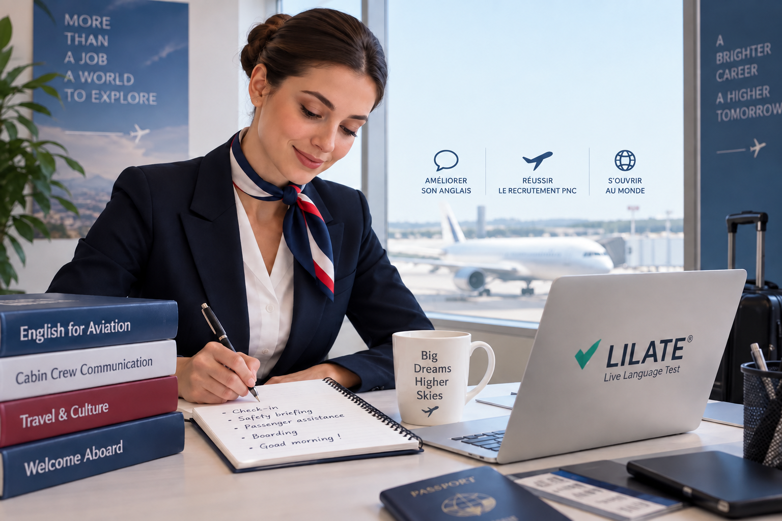 Candidate hôtesse de l'air en formation d'anglais LILATE pour son recrutement PNC chez une compagnie aérienne