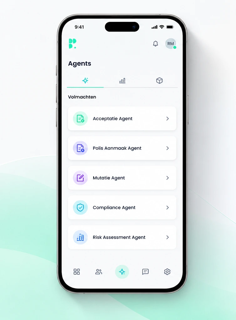 Mobiele app met lijst van agentvolmachten zoals Acceptatie, Polis Aanmaak, Mutatie, Compliance en Risk Assessment.