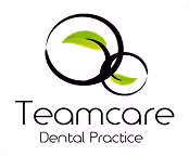 Teamcare Dental Practice logo with two overlapping black circles and green leaf designs inside.