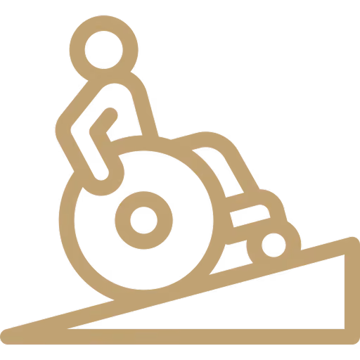 Icon of a person in a wheelchair moving up a ramp, symbolizing accessibility.