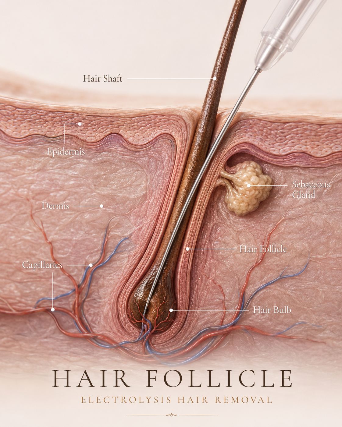 Electrolysis probe entering the natural opening of the hair follicle