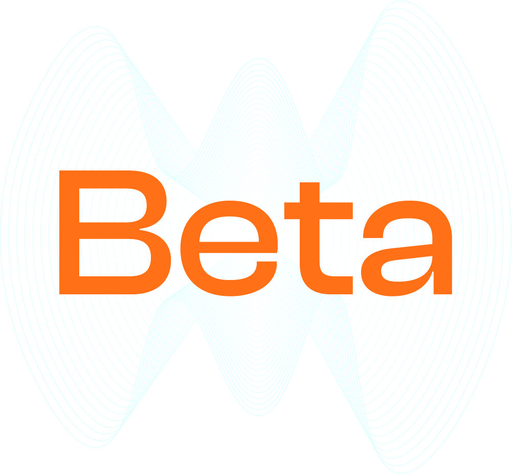 The word 'Beta' in bold orange letters over a background of light blue symmetrical wave patterns.