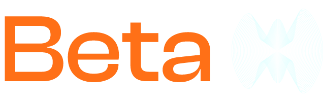 Orange text 'Beta' with a light blue abstract wave design to the right.