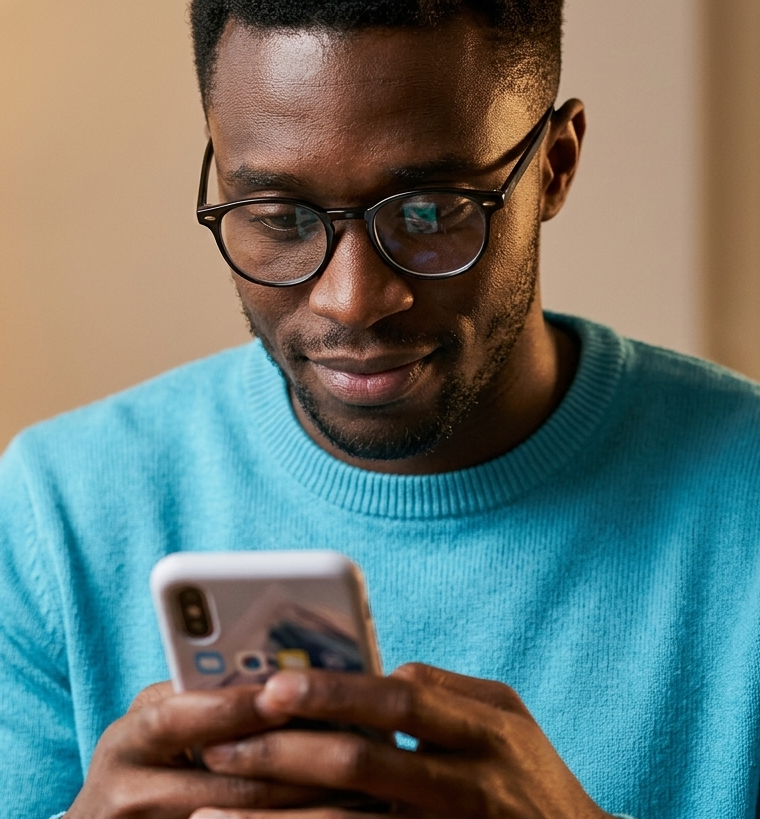 Man wearing glasses and a blue sweater looking at and using a smartphone with focus and slight smile.